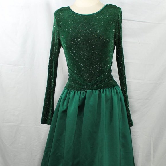 Vintage 1990s Emerald Green Gown Gold Glitter Fleck Bodice prom - Picture 4 of 11